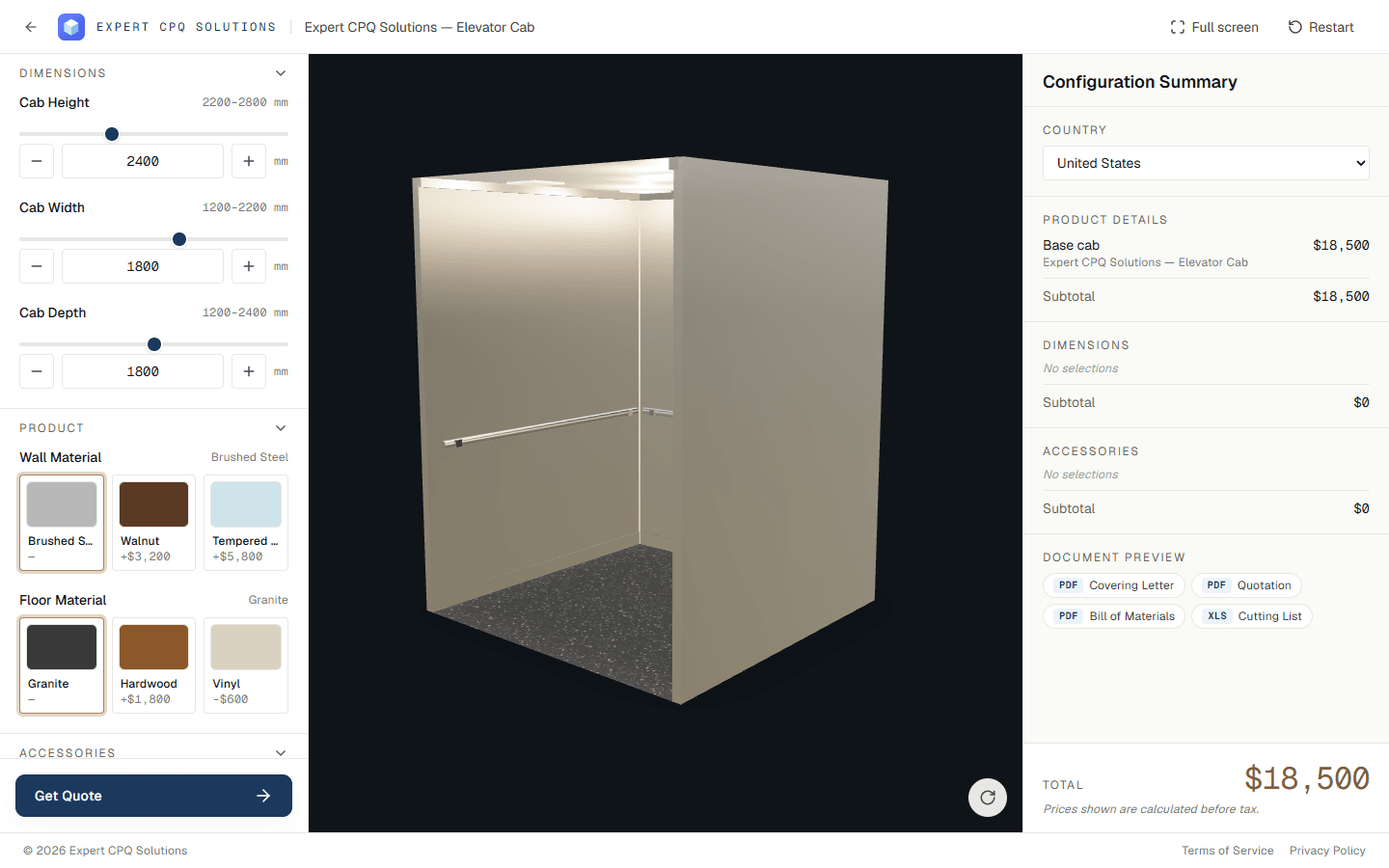 Elevator cab configurator with dimension controls, a 3D cab in brushed steel, and a configuration summary