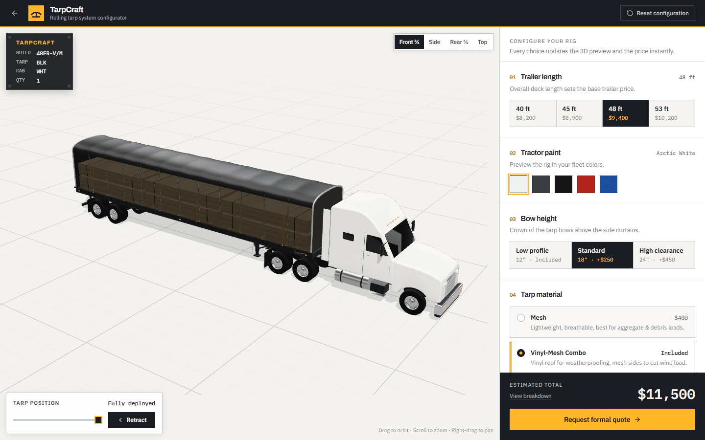 TarpCraft configurator with a 3D tractor-trailer under a black rolling tarp and the configuration panel